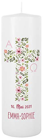 Striefchen® Kerze für Mädchen zur Taufe/Kommunion/Konfirmation mit Namen und Wunschtext Blumenkreuz
