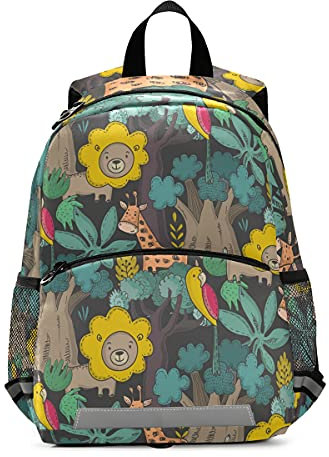 ISAOA Kleinkind-Rucksack mit Zügeln für Jungen und Mädchen, afrikanische Tiere, Dschungel, Pflanzen und Bäume, Kinderrucksack, Kindergarten, Reisetasche mit Brustclip, Multi 17, Einheitsgröße
