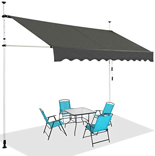DREAMADE Auvent Rétractable Manuel avec Manivelle, Store Banne avec Tige de Support Réglable en Hauteur, Résistant au Solaire, pour Balcon, Cour, Terrasse de Café, d’Hôtel, de Magasin (Gris, 3M)