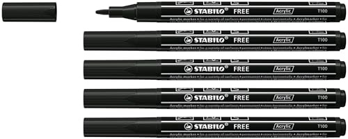 STABILO - Acrylmarker - FREE Acrylic T100 | Strichbreite 1-2 mm, 5er Pack, schwarz