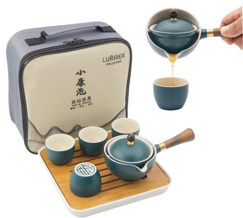 LURRIER Kinesisk Gongfu teset, bärbar tekanna set med 360 roterande tebryggare och infusioner, bärbar allt-i-ett presentpåse för resor, hem, present, utomhus och kontor (grön)