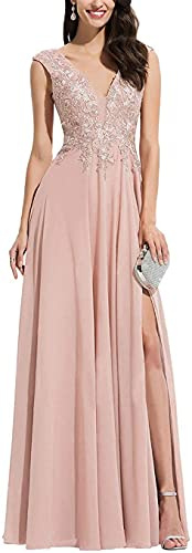 KURFACE Robe de demoiselle d'honneur en dentelle avec col en V et fente pour mariage, bal, femme, rose poudré, 34