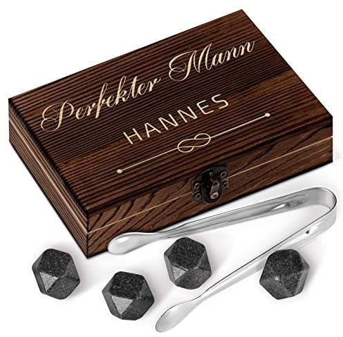 Maverton Whisky Steine Set - in Holzbox - personalisiert - 6 Eiswürfel + Zange + Velourbeutel - Kühlsteine - wiederverwendbar aus Granit - für Herren - perfekt