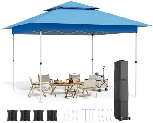 Pavilion 3.6x3.6m, one push folding pavilion, waterproof, stable, double roof party tent, pop up garden pavilion with 4 sandbags, rolling carry bag, for patio/market/camping/beach,(navy blue)