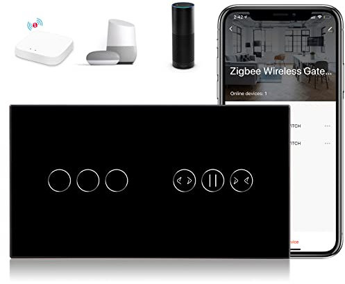 BSEED Interruptor Tactil ZIGBEE Sin Neutro,Vidrio Panel con luz Piloto,Compatible con Alexa/Tuya/Smart Life,Requiere Hub,3 Gang+1 Cortina,157mm Negro