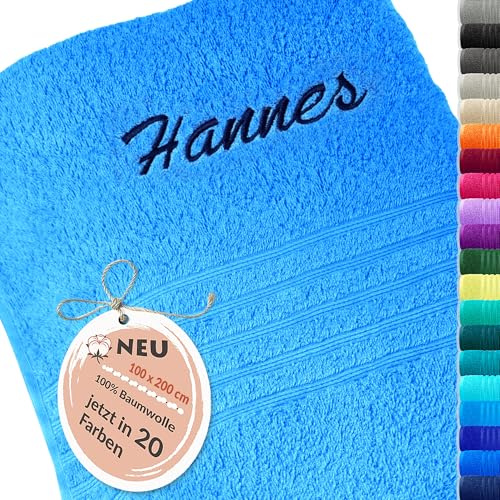 Lashuma Handtuch groß mit Namen Bestickt Blau - Capri, London Saunatuch personalisiert 100x200 cm