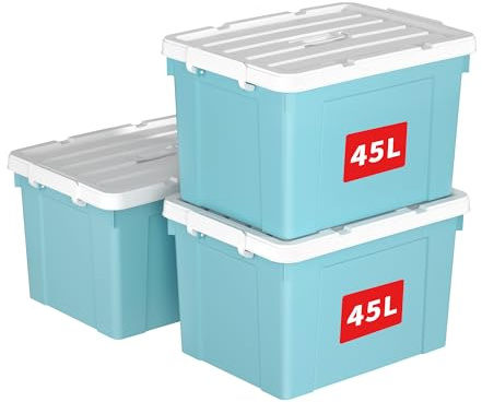 Cetomo 45L*3 Scatole di Stoccaggio in Plastica, Scatole Portaoggetti con Coperchio, Organizzatore con Manico, Contenitori per Casa e Ufficio, Impilabile, Resistente, Blu, 45L - Confezione da 3