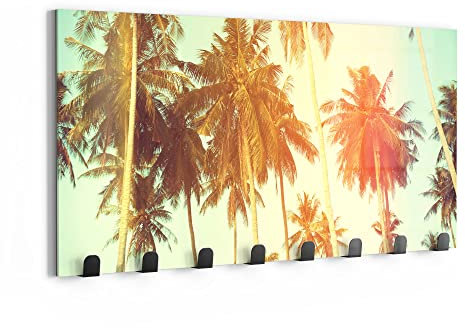 DEQORI Wandgarderobe Glas & Metall | Motiv Palmen mit Farbfilter | 60x30 cm | Design Haken-Leiste modern | Garderoben-Paneel für Flur, Wohnzimmer & Schlafzimmer | magnetisch & beschreibbar