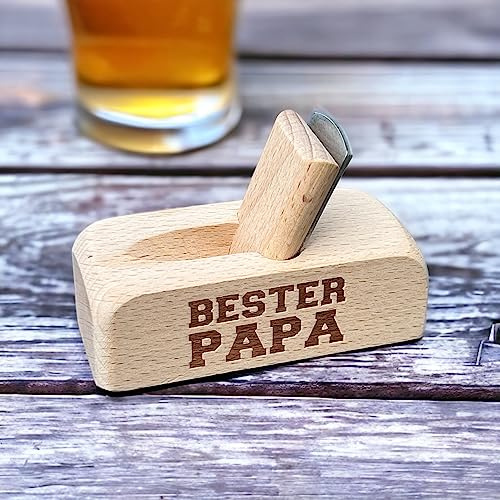 MIJOMA Apribottiglie da birra in legno, apribottiglie in legno, a forma di pialla in legno, 9 x 4 x 6 cm, con diverse frasi (miglior papà)