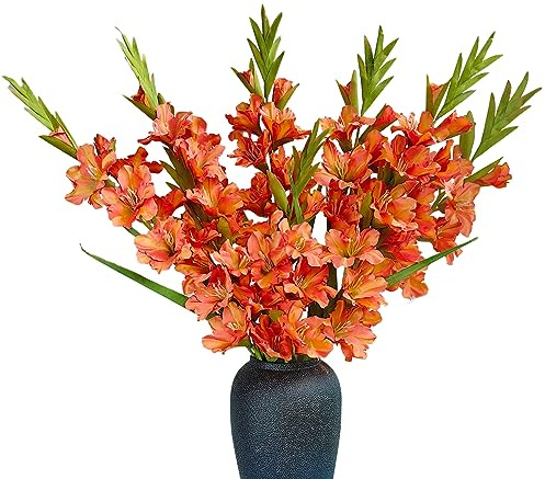 Raxcelivia Pack of 6 - Gladiolus Flowers Artificial Orchid Plants Long Silk Flower Stems Vase Table Kitchen Home Garden Party Wedding Decoration (Orange)