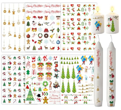 ALLAVA 6 Stück Kerzentattoos Weihnachten(200+ Muster), Wasserschiebefolie Kerzen, Kerzensticker Kerzenfolie für Kerze Tasse DIY Geschenk, Kerzen Dekorieren, Kerzensprüche