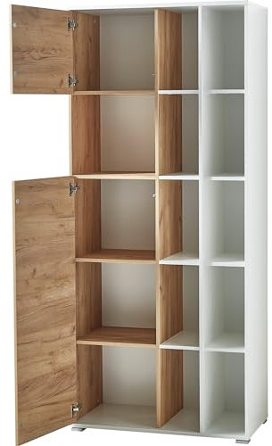 bümö Homy Aktenschrank & Regal Kombination, Büroschrank groß aus Holz 85cm breit in Weiß-Eiche - Schrank mit Aktenregal für's Büro & Homeoffice Ordnerschrank