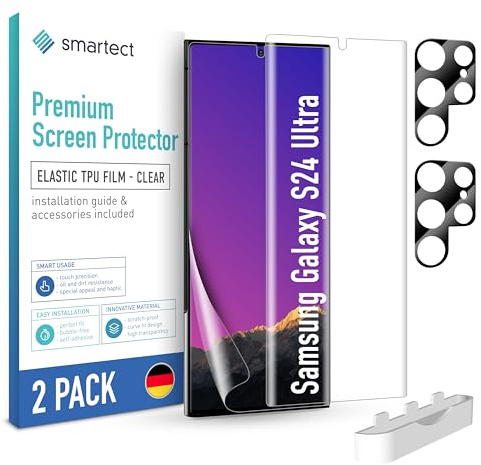 smartect TPU Schutzfolie 2 + 2 Stück für Samsung Galaxy S24 Ultra | Displayschutz + Kameraschutz, HD Panzerfolie Anti-Kratzer, Ultra-klar, Blasenfrei, Fingerabdruck kompatibel, Hüllenfreundlich