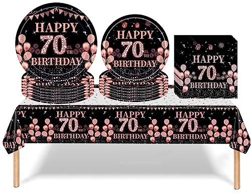 53 piezas de vajilla de plástico para fiesta de cumpleaños 70, color negro y oro rosa, platos de papel de 7.9 pulgadas, servilletas para mujeres, juego de vajilla de fiesta de cumpleaños para niñas