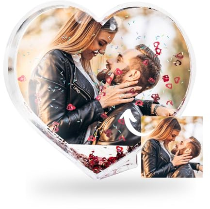 DEREGALOOS | Bola de Corazón Personalizada | Bola de nieve con foto | Forma y Relleno Corazón | Marco de Fotos Original | Personalizado por 1 Cara | Regalo San Valentín, Enamorados.