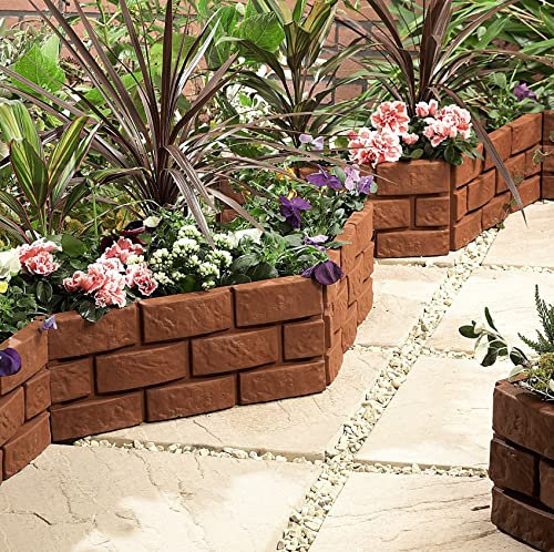 8 x Brick Effect Garden Border Lawn Edging Strips – Terracotta Weatherproof Interlocking Hammer-In Outdoor Garden Fence or Planter Panels with Detachable Feet – Each H17.5 x L43cm, Total Length 3.44m