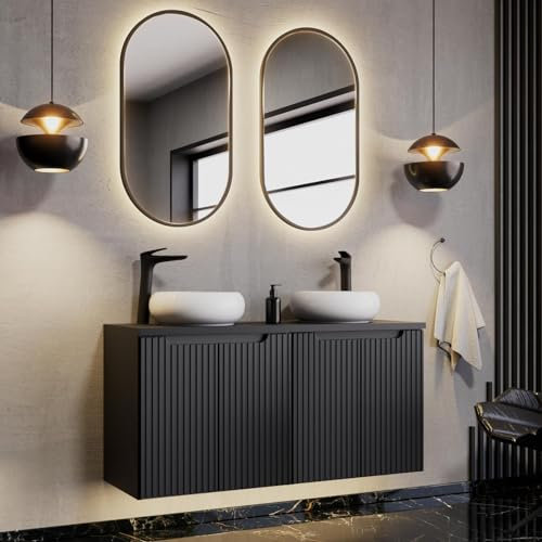 Lomadox Badezimmer Waschplatz Set 3-teilig, 120cm Doppelwaschtisch, schwarz mit gerillter Front | wandhängend | 1 Doppelwaschtisch, 2 LED-Spiegel
