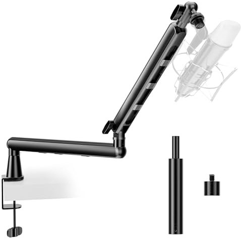 Mic Arm Desk Mount, 360° Rotatable Low Profile Microphone Boom Arm Stand, Extra 9.5cm Riser, 3/8 to 5/8 to 1/4” Screw Adapter, Heavy Duty Mike Holder for Streaming Gaming Studio Recording