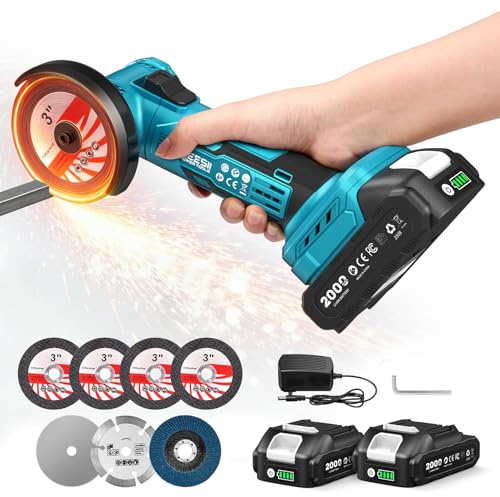 SEESII Cordless Mini Angle Grinder: 3-Inch Brushless Angle Grinder 19000 RPM with 2pcs 21V 2.0Ah Batteries, 7pcs Cutting Discs, 210W Power Electric Grinder Tool for Metal Wood Polishing Rust Removal
