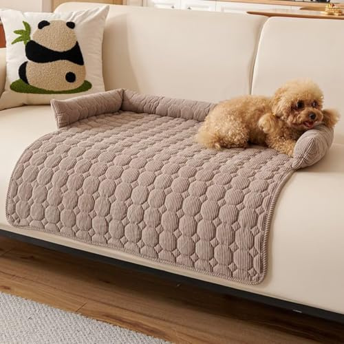 Bettschlange Hundebett Sofa Waschbar - Hundedecke Sofa mit Rand, Sofaschutz Hund, Flauschig Hundebett, rutschfest Hundekissen, Mittelgroße Hunde,75x75cm,Curry