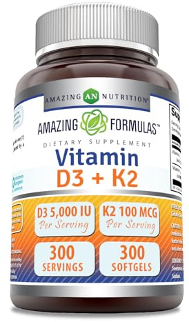 Amazing Formulas Vitamin D3 5000 IU with Vitamin K2 100 Mcg | D3 + K2 Complex Supplement | Softgels | Non-GMO | Gluten-Free | Made in USA (1 Pack, 300 Count)