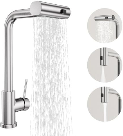 BESy Küchenarmatur mit 3 Strahlarten, Herausziehbarer Brause Wasserfall Wasserhahn Küche, 360° Drehbar Hochdruck Spültischarmatur, SUS304 Edelstahl Mischbatterie Gebürstet