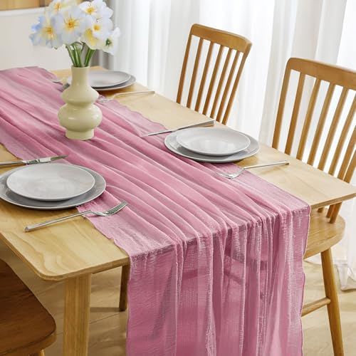Pastellrosa Tischläufer 80x300 cm - Faltenoptik Gaze Stoff für Esszimmer, Hochzeit & Gartenparty, Eleganter Look für Großtische