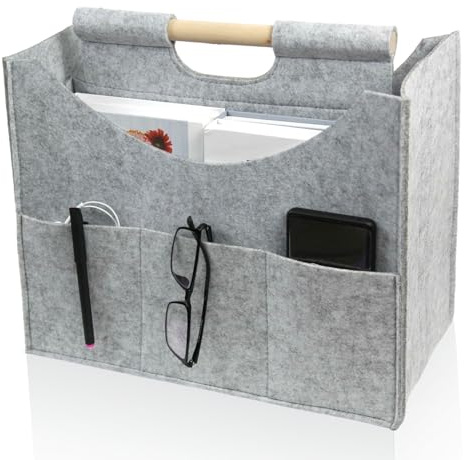 Zeitschriftenständer, Zeitungssammler, faltbarer moderner Filz Aufbewahrungskorb, 3 Staufächer, Massivholzgriff, passender Zeitungskorb für Haus und Wohnzimmer, Größe 38x20x30cm(Asche)