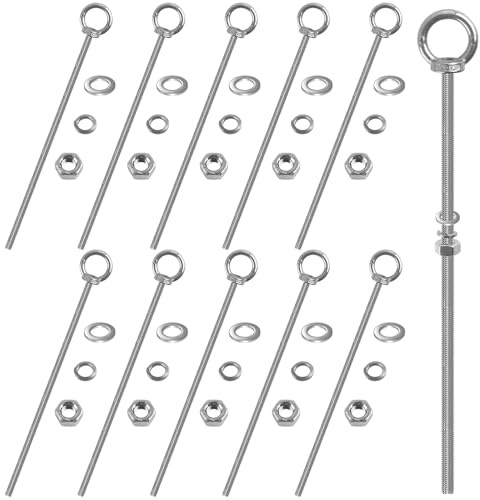 Akamino 10 Sets M6x200mm Eye Bolts, 304 Stainless Steel Shoulder Lifting Eye Bolt with Nuts and Washers, Male Screw Thread Ring Long Shank Eyebolt for Engineering Equipment Machinery Fastening Suspend