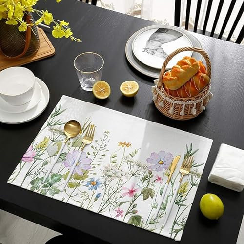 Tovagliette Americane Lavabili Fiore Di Erba Verde Tovagliette Colazione Cena Pranzo Sottopiatti Lino Resistenti al Calore Antiscivolo Tovaglietta Colazione Set di 6(45x30cm)