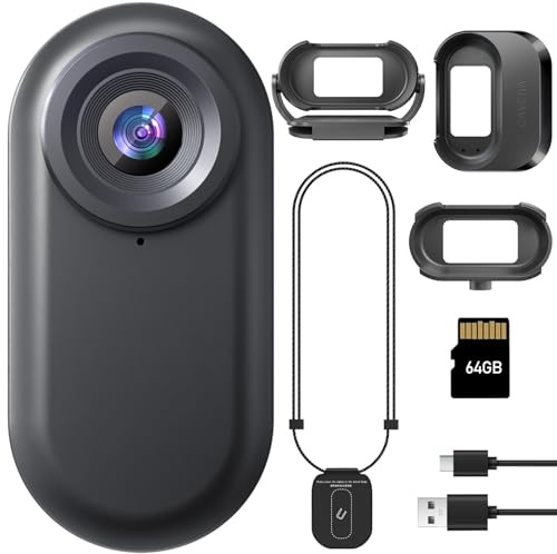 HUAJUN Mini-Actionkamera, 64 GB Bärbar Sportkamera och Magnetisk Laddningsbox med 1150 mAh Batteri, 1080P Kamera för Vloggar, Resor och Utomhus