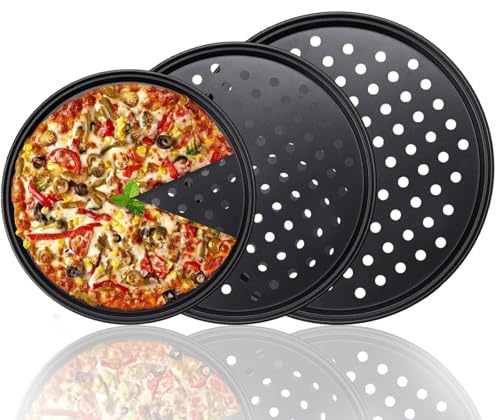 Generisk pizzaplåt 3 delar, 24, 28, 32 cm pizzablåd, värmebeständig upp till 400 °C, rund, perforerad, rostfri, pizza- och flampakplåt, krispspspig bottenplåt, Tyskland, non-stick-belagd pizzapanna