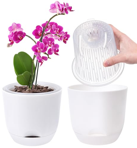 QCQHDU 2Pack Orchid pots,5.8In Large self Watering Orchid Plant pots Indoor, Clear Plastic Pots with Holes and Detachable Water Reservoir(Pure White)