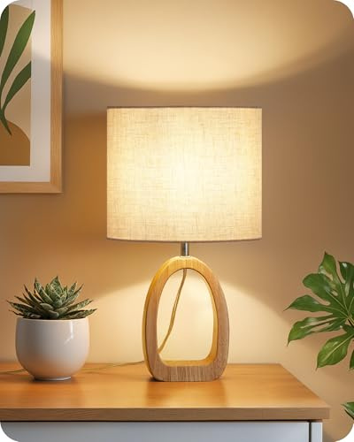 GOEBLESON Table Lamp, Wood Bedside Lamp with Ring-Shaped Base and Linen Lampshade, Modern Desk Lamp with Cable, E27 Base, 2700K LED Bulb Included, for Living Room, Bedroom, Beige ZME07TLK05N1