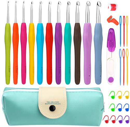 Ruasol Häkelnadel Set, 11 Größen Häkelnadel-Set, 32 Stück Rutschfestes Garn Stricknadel Set, Stricknadeln mit ergonomischen Griffen für arthritische Hände, mit blauem Etui für Häkler