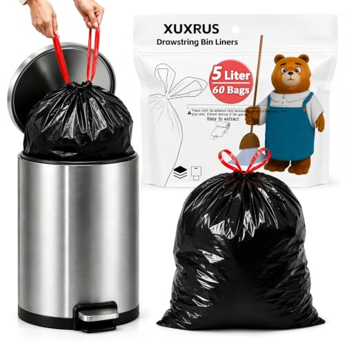 XUXRUS Kleine Tretmüllbeutel 5L Badezimmer Müllbeutel, auslaufsichere Mini Kordelzug Papiermüllbeutel mit Griff, Schwarz, 60 Beutel