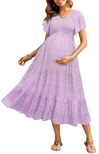 Maternity Dress Photoshoot Baby Shower Easter Pregnancy Summer Purple Floral Casual Flowy Midi Flutter Sleeve Dress 2025