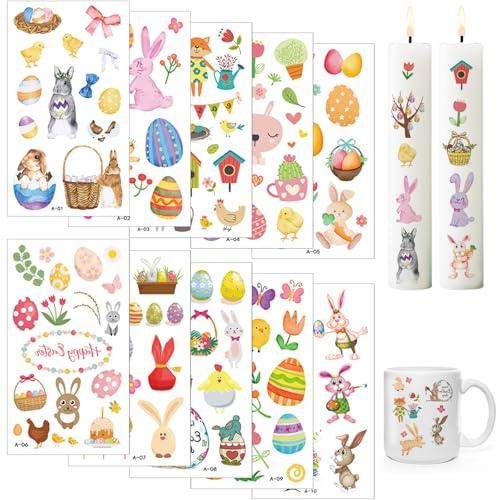 10 PCS Kerzentattoo,6.8x12cm Wassertransferdruck, DIY asserschiebefolie Kerzen,wasserschiebefolie kerzen,Kerzenfolie,kerzenaufkleber sticker,Adventskerze kerzen dekorieren (Ostern)