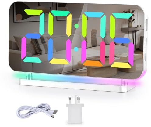 Sukeen Alarm Clock for Bedroom,7.4 Mirror Digital Clocks Large Display,with RGB Night Light, USB C Charger Port,Auto Dimming,LED Desk Clock for Kid Teen Girl Adults Room
