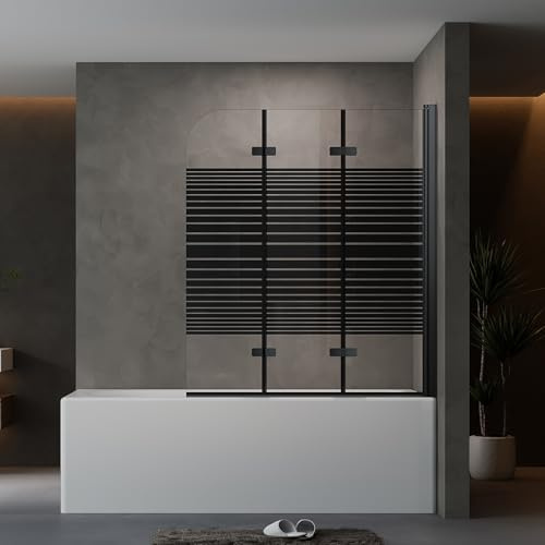 AQUENITH Duschwand für Badewanne 130x140cm Badewannenfaltwand Schwarz | 3-Teilig Faltbar Badewannenaufsatz Faltwand aus 6mm EGS Sicherheitsglas,Hebe-Senk-System