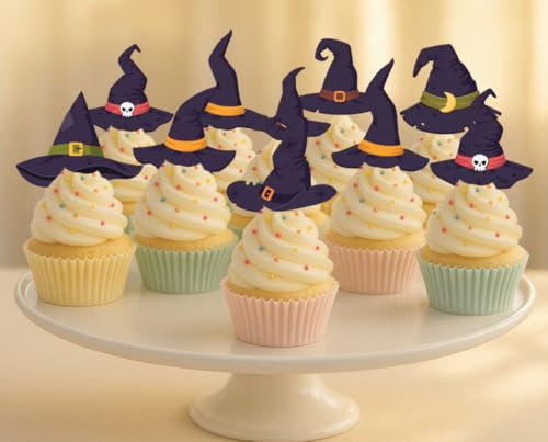 24 x PRE CUT HALLOWEEN WITCHES HATS STAND UP EDIBLE WAFER CARD RICE PAPER CUPCAKE TOPPER DECORATIONS