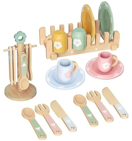 20pcs Holzspielzeug Kinderküche Geschirr Set, Teeservice Kinder, Kinder-Geschirrspielzeug aus Holz, Geschirrset mit Tassen Teller, mit Aufbewahrungsständer, Geschenk für Mädchen Jungen 3 - 8 Jahre