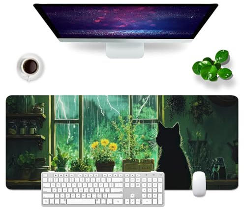 WYDUCVI Cat Mouse Mat Green Large Gaming Mouse Mat XL Desk Mat 31.5x11.8x0.12 inch Cute keyboard Mouse Pad (Cat Green)