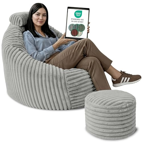 DreamRoots Sitzsack Erwachsene Cord, Sessel mit Hocker, Hellgrau