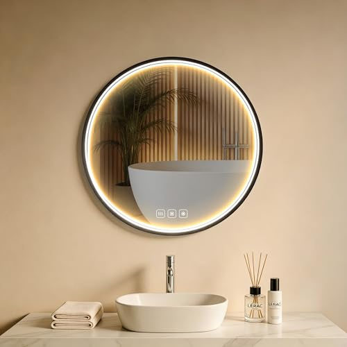 lichtvoll LED Badspiegel Rund 60x60 cm – mit Frontbeleuchtung, 3 Lichtfarben Dimmbar, Touch-Schalter, Anti-Beschlag & Memory-Funktion, Schwarzer Aluminiumrahmen