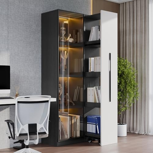 160 cm Armadio Multifunzione Libreria e Vetrina con Ante in Vetro Temperato, Telaio Porta in Alluminio, 1 Anta, 1 Cassetto Laterale, con Ruote e Illuminazione a LED, Tavolo da Sala da Pranzo (Nero+