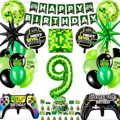 Decorazioni Gaming 9° Compleanno, Palloncini Numero e Controller | Numero 9 40 pollici, gamepad, blocco pixel, stelle esplosive, banner Happy Birthday, topper per torta e cupcake