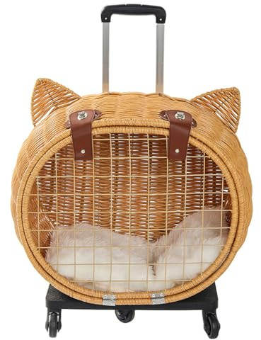 Passeggino per gatti in stile retrò, in rattan, con ruote e manico telescopico, ideale per viaggi, passeggiate e visite veterinarie