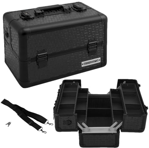 anndora Beauty Case Kosmetikkoffer - Robuster Schminkkoffer, Werkzeugkoffer, Aluminium Make-Up Koffer mit Fächern - Ideal für Reisen und professionelle Anwendungen, abschließbar, Schwarz