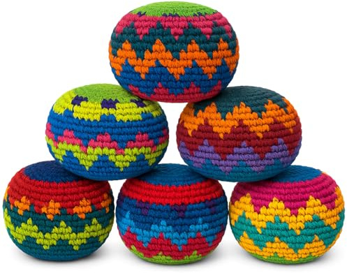 Funny Guy Mugs Hacky Kick Ball Sacks, Multicolored Crochet Assorted Geometric Pattern Hacky Ball, Foot Bag Kick Sack, Indoor and Outdoor Toys for Kids and Adults, Set of 6
